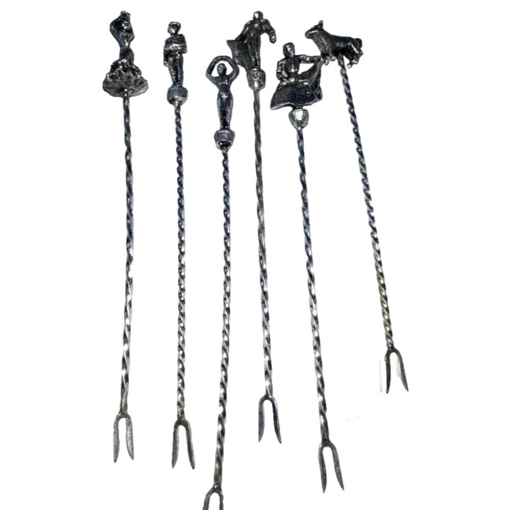 Set Of 6 Silver-Toned Twisted Metal Cocktail Forks With Flamenco & Bullfighter T